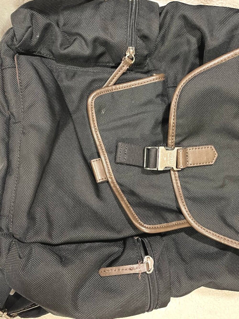 Like New Fossil Estate Black Nylon Canvas & Leather Rucksack Utility Backpack